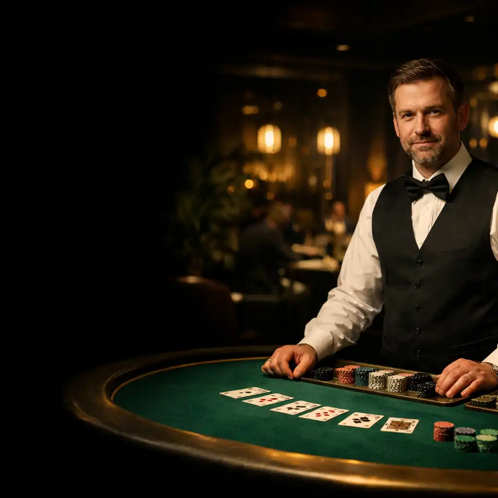 Echter Croupier an einem physischen Spieltisch mit grünem Filz in der Polvegara Casino-Lounge