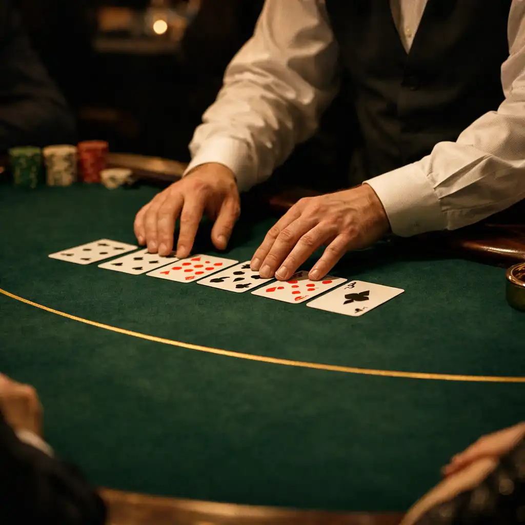 Hände eines echten Croupiers ordnen Karten auf einem physischen Spieltisch mit dunkelgrünem Filz