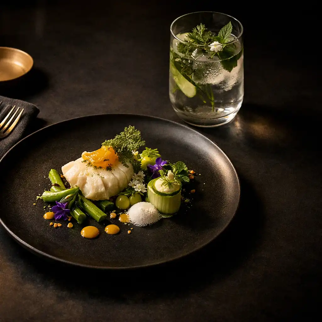Gourmetgang mit botanischem Drink und frischen Kräutern