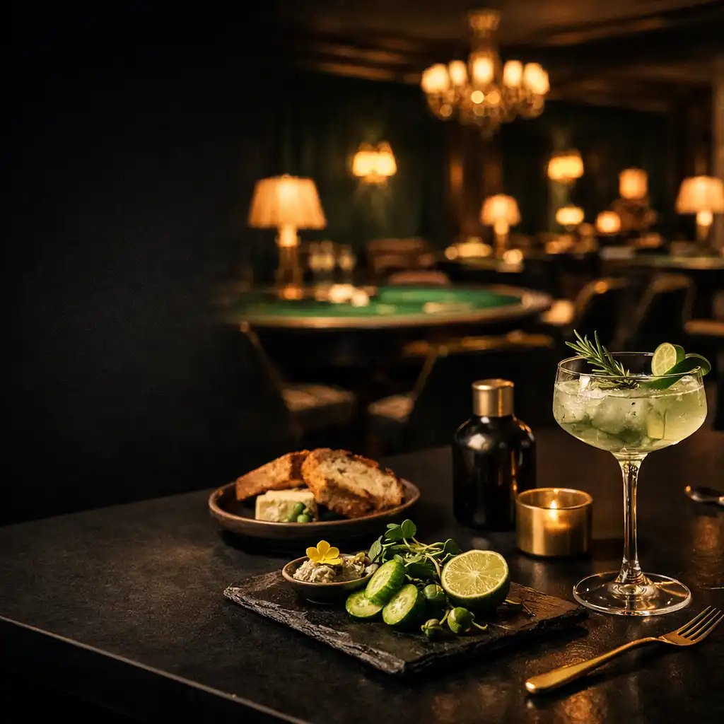 Dunkel gedeckter Tisch mit botanischem botanischem Drink vor einer warm beleuchteten Lounge
