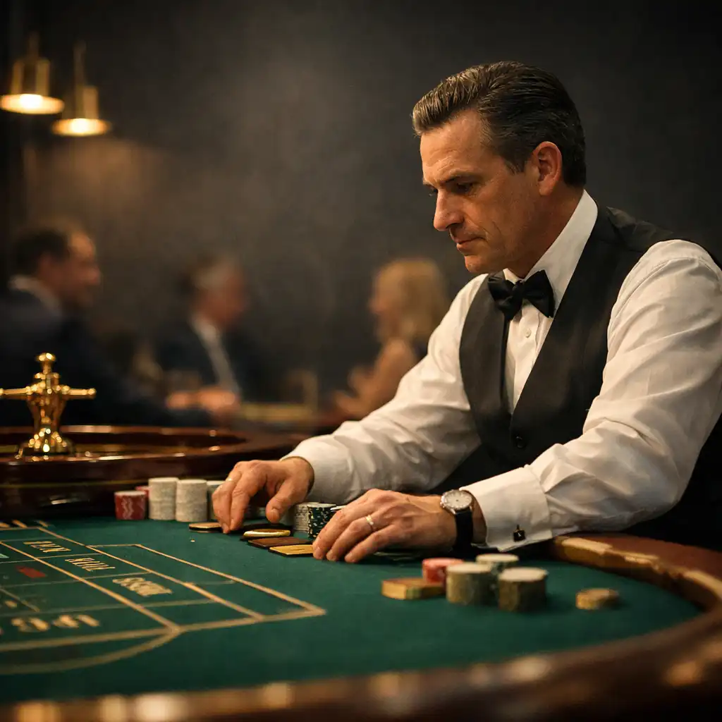 Echter Croupier an einem physischen Spieltisch mit tiefgrünem Filz in der Casino-Lounge