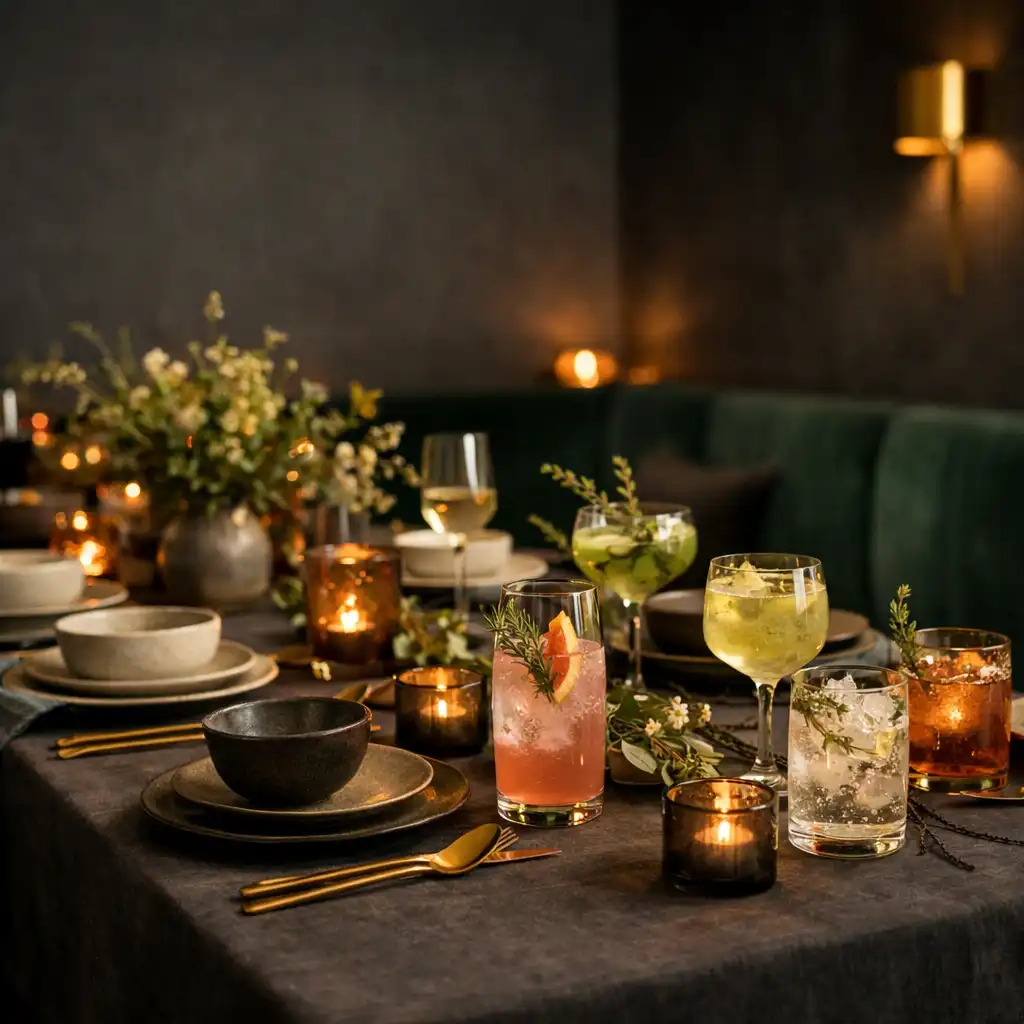 Intim gedeckter Tisch für Private Dining mit botanischen Details und botanischen Drinks