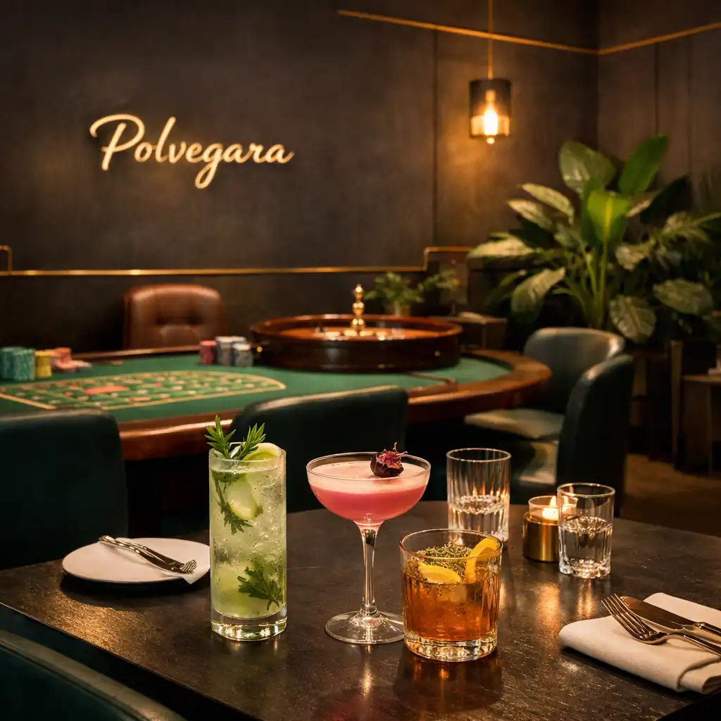 Abendlicher Polvegara-Innenraum mit gedecktem Restauranttisch, botanischen Drinks und realem Spieltisch im Hintergrund